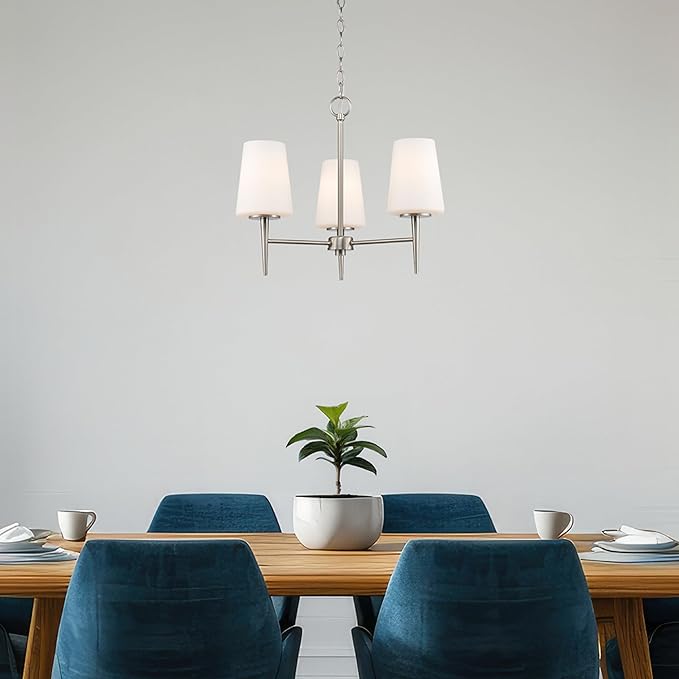 Montgomery 3-Light Chandelier | Brushed Nickel Finish with White Frosted Glass Shade | Adjustable Hanging Height | Uses E26 Medium Base Bulb (Nickel, Chandelier)