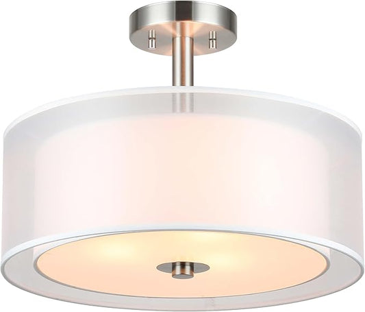 XiNBEi Lighting Semi Flush Mount Ceiling Light, 3 Light Close to Ceiling Light with Fabric Shade, 16" Drum Semi Flush Ceiling Light in Brushed Nickel for Living Room & Bedroom XB-SF1194-BN