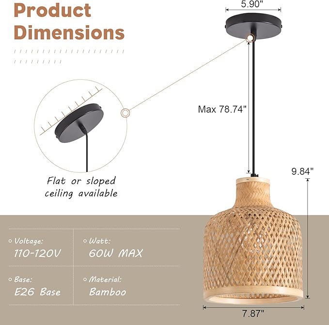 Modern Bamboo Woven Pendant Light, 2 Pack 7.8" Dome Coastal Bamboo Wicker Dome Pendant Lighting Fixture for Kitchen Dining Room Living Room Foyer