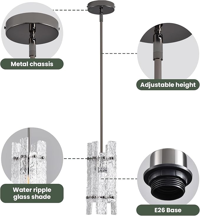 Modern Crystal Pendant Light for Kitchen Island, Pearl Black Luxury Mini Water Ripple Glass Chandelier Lights Fixture, Square Adjustable Hanging Pendant Lighting for Dining Room Bedroom (3-Pack)