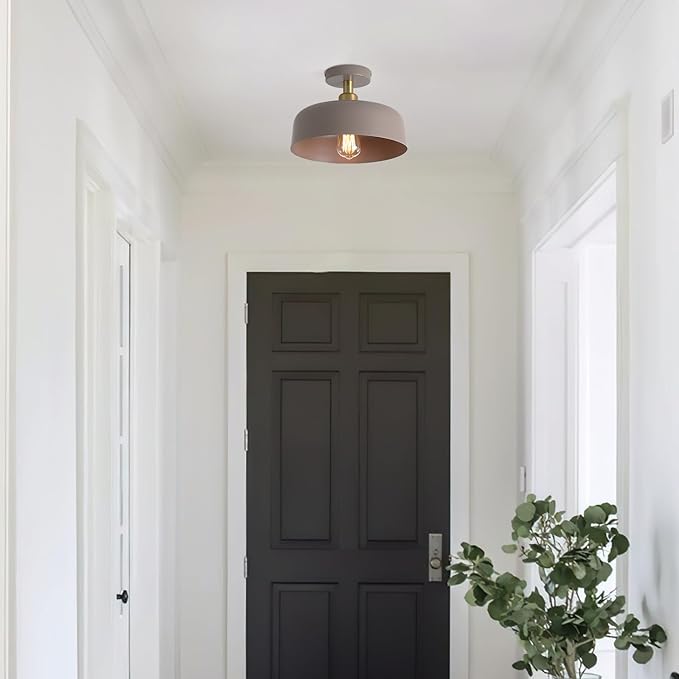 Modern Semi Flush Mount Ceiling Light Fixture,11.8" Brass Accent Ceiling Mounted Light with Brown Metal Shade,1 Light Indoor Hallway Light Fixture for Porch Entryway Foyer Kitchen Bedroom Living Room