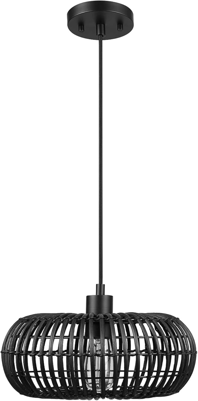 GLOBE Electric 65701 Maren 1-Light Pendant Lighting, Matte Black, Rattan Shade, Bulb Not Included