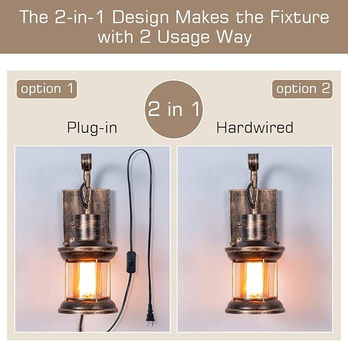 Rustic Wall Light, 2-in-1 Oil Rubbed Bronze Vintage Wall Light Fixtures Plug in Industrial Glass Shade Lantern Lighting Retro Lamp Metal Wall Sconce for Home Bedroom Dining Room Cafe(2 Pack)