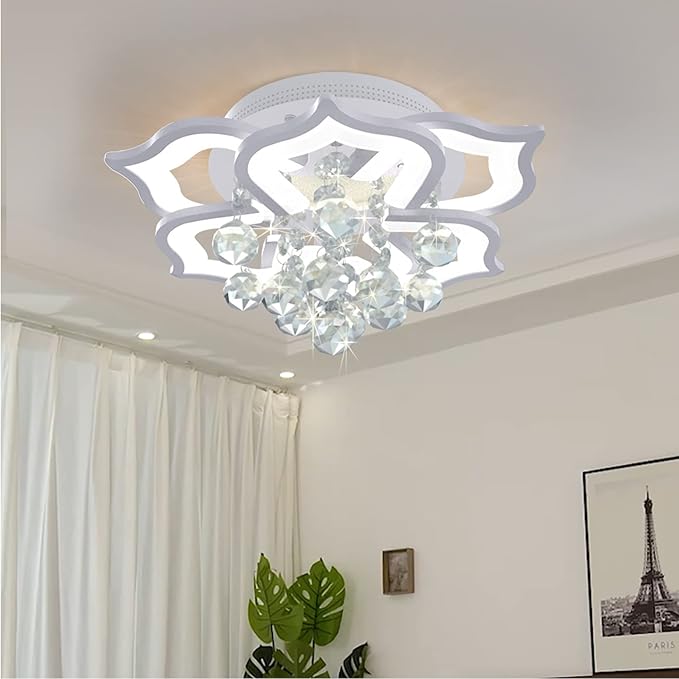 AHAWILL Modern Ceiling Light,Crystal Flush Mount LED Chandelier Ceiling Flower Lamp with Remote Controlfor Living Room,Bedroom,Hall,Dining Room,Etc.ø19.7″/24w/6 Heads…