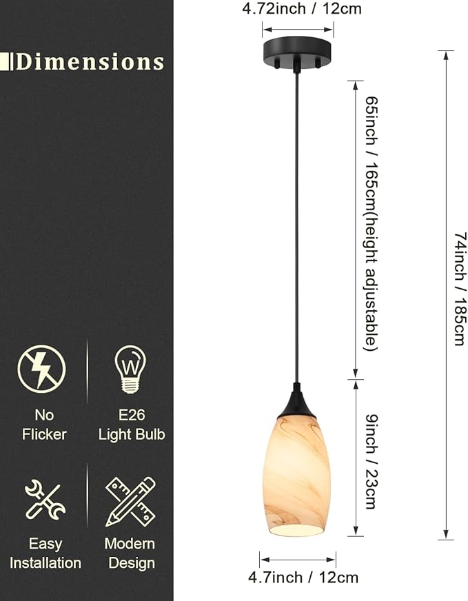 ANYLOVE Vintage Art Brown Stripe Pendant Lighting,3-Pack Hand Glass Hanging Light Fixture,Adjustable Cord for Kitchen,Hallway,Dining Room