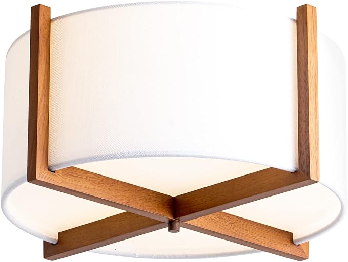 VILUXY Semi-Flush Mount Ceiling Light Fixture with Wood and Off-White Fabric Drum Shade Modern Chandelier for Bedroom, Dining Room, Corridor, Living Room 4-Light
