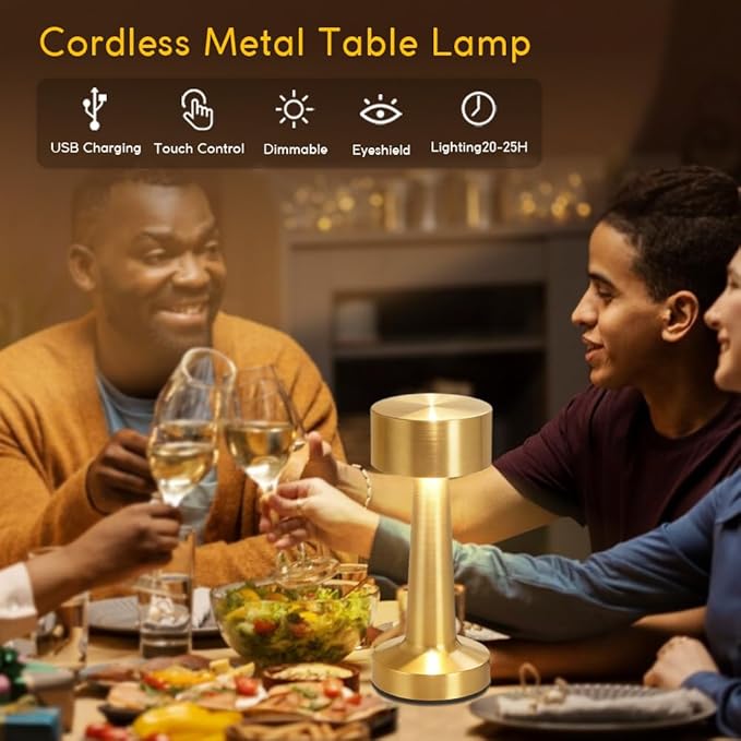 HPUFKOT Portable LED Table Lamp, 3-Levels BrightnessMetal Desk Lamp,3 Color Touch Control RechargeableLamp, Ideal Bedside Lamp for Nightstand, Bedroom,Living Room (Light Golden)