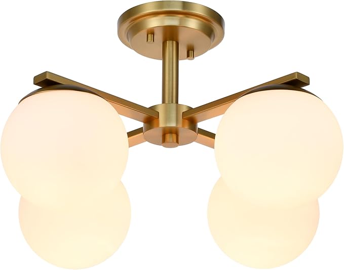 Aged Brass Semi Flush Mount Ceiling Light, 4-Ligh Modern Kitchen Lighting Fixtures with Globe Glass Shade, Hallway Light Fixtures Ceiling Mount for Dining Room, Living Room, Bedroom, Foyer