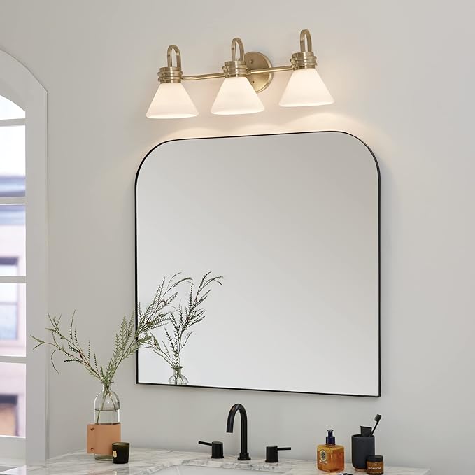 Kichler Farum 26" 3-Light Bathroom Vanity Light Fixture with Opal Glass in Champagne Bronze for Mirror, Modern Wall Mount Over Single or Double Vanity (26" W x 9.5" H), 55155CPZ