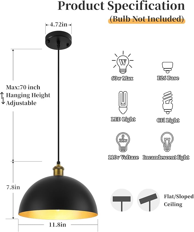 Pendant Lights for Kitchen Island, 11.8" Black and Gold Farmhouse Pendant Light, Dome Pendant Light Fixtures for Dining Room, Living Room, Bedroom, Cafe, Bar, 2 Pack