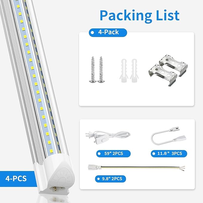 SHOPLED LED Shop Lights 2FT, 20W 2600LM 5000K Daylight, V-Shaped Utility Shop Lights, T8 Linkable Ceiling Light Fixtures, 2 Foot Tube Light for Workbench, Basement, Cabinet, ETL Listed, 4-Pack