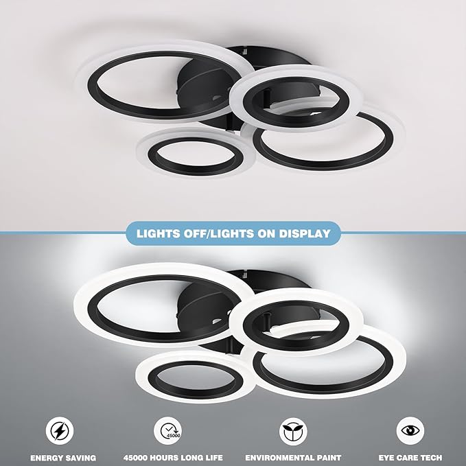 Vikaey Modern LED Flush Mount Ceiling Light, 4 Rings Black Close to Ceiling Light Fixtures, Kitchen Lighting Fixture Ceiling Lamp for Bedroom, Living Room, Laundry Room, 4000K Not Dimmable