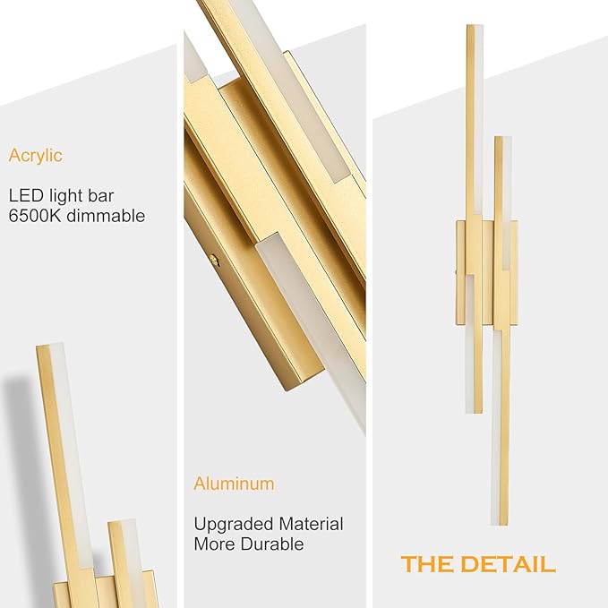 Benkut Modern LED Wall Sconce Gold Remote Wall Light Fixtures for Bathroom, Dimmable Vanity Light Indoor LED Remote Wall Sconce for Living Dining Room Bedside Bedroom (3000-6500K 35.4inch)