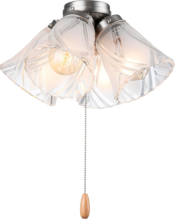Aspen Creative 22016-3, Four-Light Ceiling Fan Light Kit with Pull Chain, Brushed Nickel Finish with Frosted and Clear Glass Shades, 14" Diameter x 7-3/8" Height