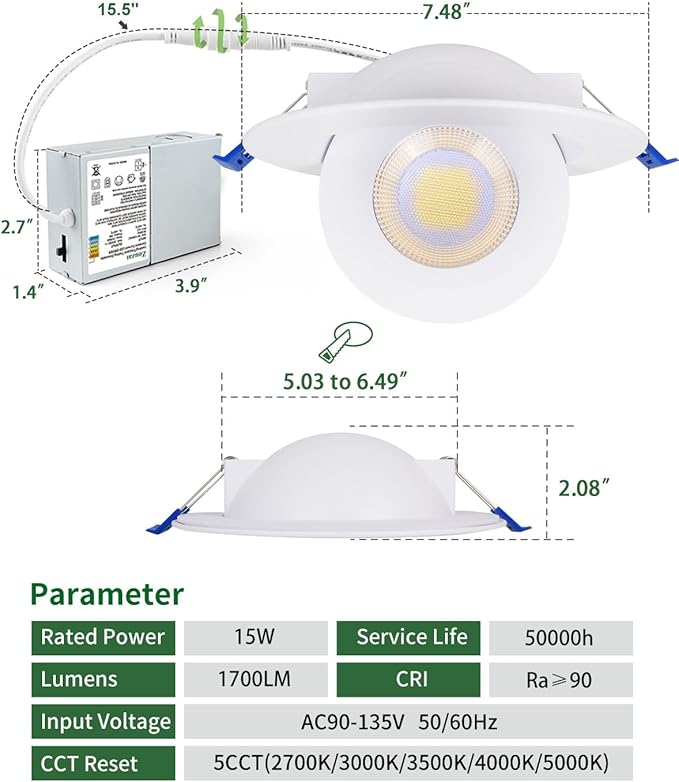 zouzai 6 inch 5CCT Gimbal Led Recessed Lights, 360°+90° Adjustable Directional Recessed Lighting, 2700K/3000K/3500K/4000K/5000K Dimmable Retrofit Eyeball Can Lights with Jbox, ETL(White, 6 Pack)