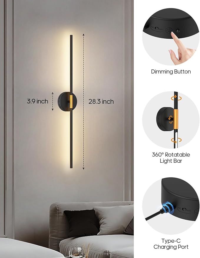 Battery Operated Wall Sconces Set of 2, 360° Rotatable Wall Sconce with Remote, 3000K Dimmable Magnetic Mount Wall Sconces, Rechargeable 28.3inch Wall Lights for Bedroom, Living Room, Dinning Room