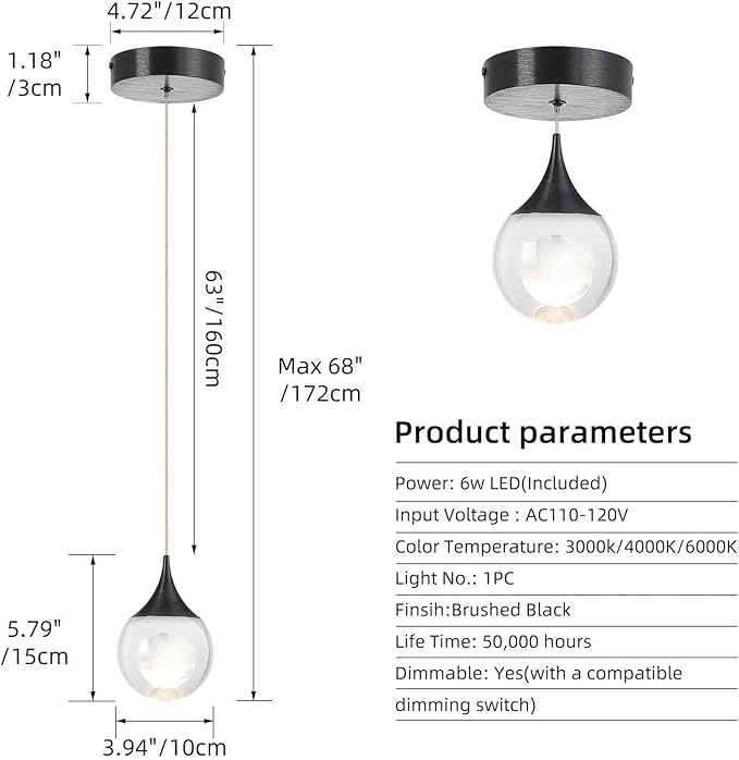 JoollySun Crystal LED Pendant Light: Black Modern Mini Light Fixtures Ceiling Hanging for Kitchen Island Bathroom