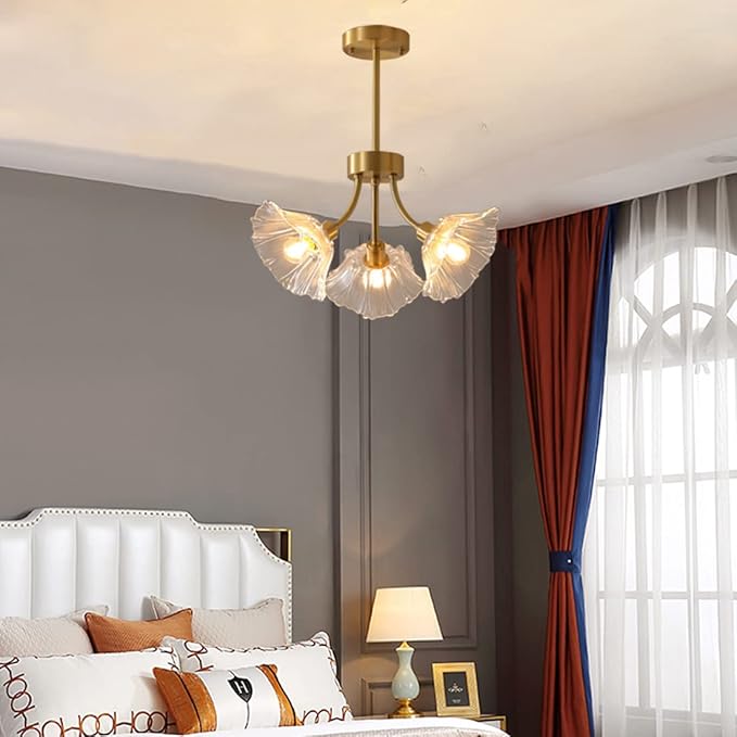 Semi Flush Mount Ceiling Lights Mid Century Modern Ceiling Light Fixture 3-Light Gold Brass Chandelier Lighting with Clear Glass Flower Shape for Bedroom Living Dining Room Hallway