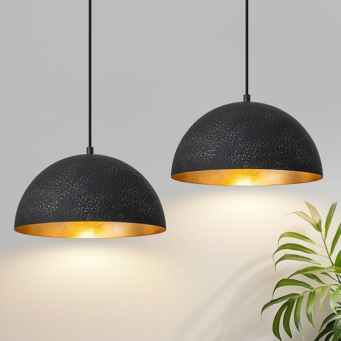 11.8" Farmhouse Pendant Light,Black with Gold Grain Industrial Dome Chandelier 2 Pack,Adjustable Vintage Pendant Lights Kitchen Island for Dining Room,Bedroom,Hallway