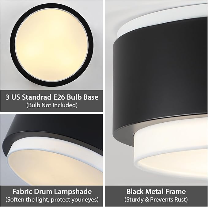 Luupyia 12.59 Inches Drum Ceiling Light with Black Metal and White Fabric Shade, 3Light Simple Modern Drum Semi Flush Mount Ceiling Light with Double Shade, Overhead Light for Bedroom Hallway E26, 60W