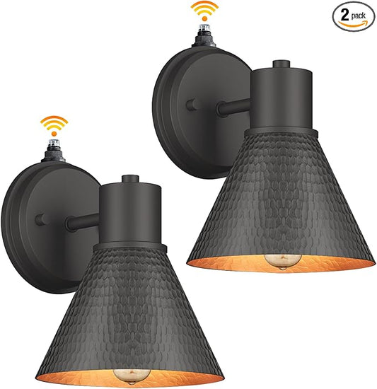 2 Pack Dusk to Dawn Outdoor Wall Sconces, Exterior Farmhouse Barn Light, Vintage Black Outside Wall Lighting Fixture with Hammered Shade, Anti-Rust Waterproof Outdoor Light for House Porch Garage
