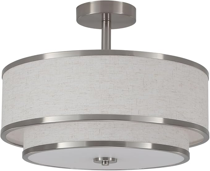 BUXVRCS Semi Flush Mount Ceiling Light Fixture, Modern Light Fixtures Ceiling Mount with Fabric Shade, 3-Light Double Drum Lighting Fixtures Close to Ceiling Light for Bedroom (Brushed Nickel)