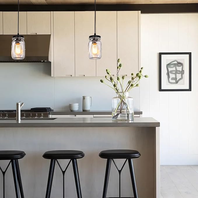 Mason Jar Light Fixtures, Farmhouse Pendant Light, Farmhouse Kitchen Island Lighting, Adjustable Hanging Pendant Lighting for Kitchen Foyer Hallway Dining Room, 2 Pack