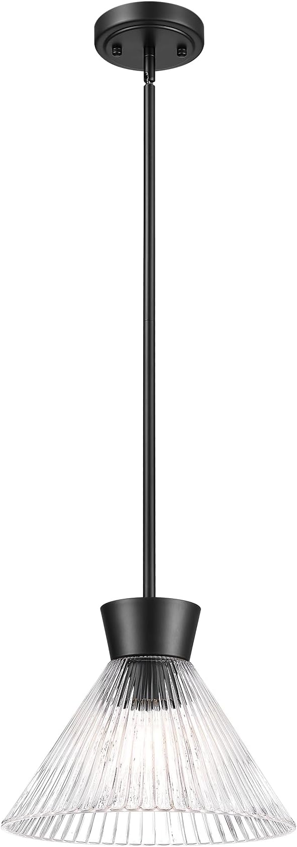 Black Pendant Light, HWH 1-Light 11-Inch Adjustable Hanging Light Fixture, Kitchen Pendant Light with Clear Striped Glass, Matte Black Finich, 5HZG108MIL BK