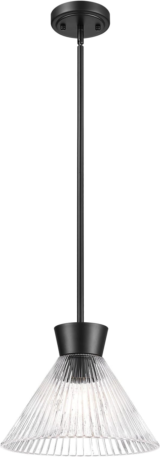 Black Pendant Light, HWH 1-Light 11-Inch Adjustable Hanging Light Fixture, Kitchen Pendant Light with Clear Striped Glass, Matte Black Finich, 5HZG108MIL BK