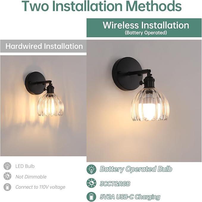 Shenmoyl Vintage Battery Operated Wall Sconce with Transparent Tulip Glass Lampshade Rechargeable Battery Powered Black Wall Light with Remote Control for Bedside Bedroom Doorway, Set of 2