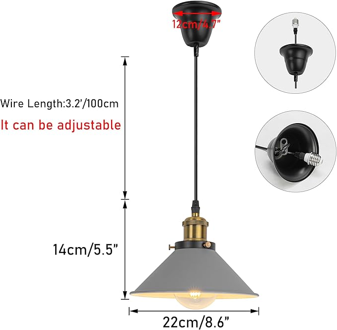2 Pcs Ceiling Lights Conversion Pendant E26 Base Connections Adjusted Wire Length Cone Metal Grey Lampshade Industrial Style Conversion Kit for E26 Ceiling Lamp Fixtures