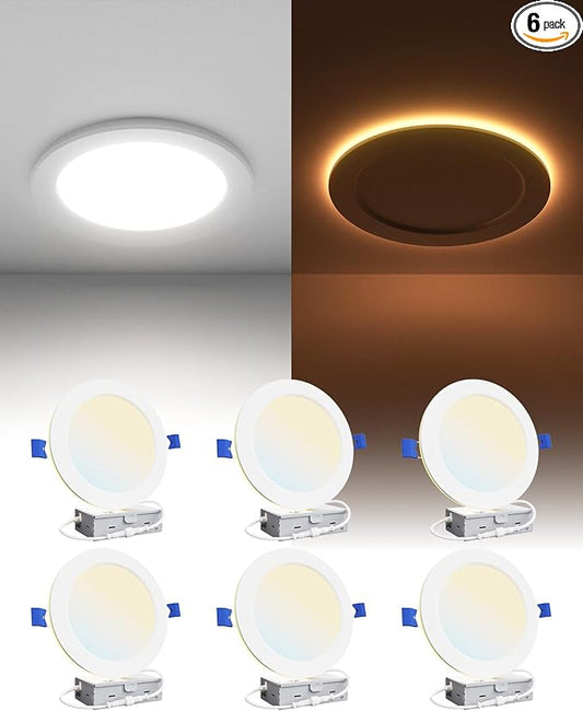 Ensenior 6 Pack 6 Inch LED Recessed Ceiling Light with Night Light, Dimmable, 2700K-5000K 5CCT, 1050LM 12W 120V, High Brightness Canless Wafer Downlight - FCC