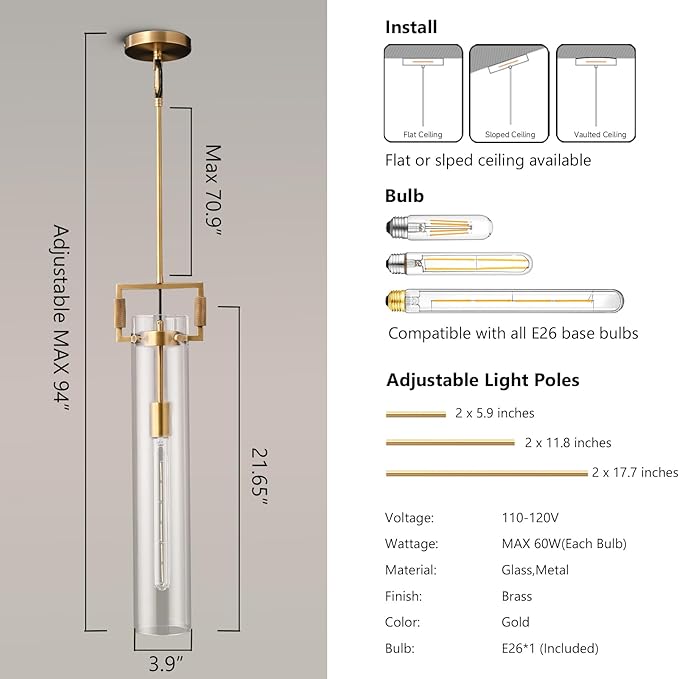 Brass Pendant Light Glass for Kitchen Island 1Pack , Gold Pendant Lights, Adjustable Hanging Chandelier with Glass Shade Modern Pendant Light Fixture for Farmhouse, Dining Room E26 Bulb Included