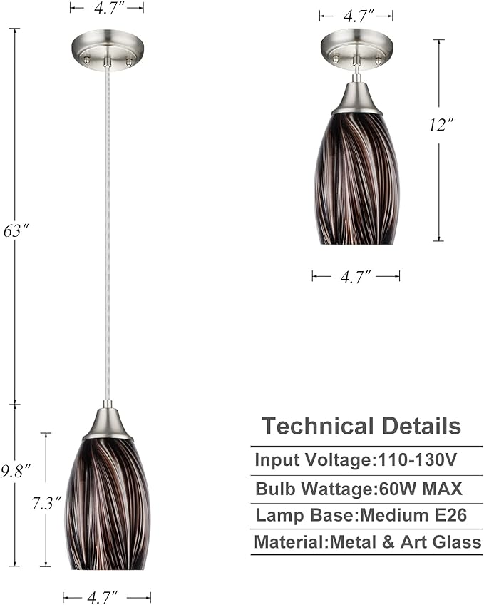 karyfine Mini Pendant Lights Kitchen Island,Blown Art Glass Pendant Light Fixtures with Brush Nickel Finish Coffee Brown Hanging Lamp Shade for Kitchen Over Sink,Hallway,Bathroom Dining Room
