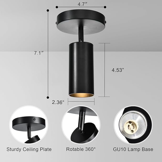 Black Ceiling Light, Gu10 Modern Ceiling Spotlight Angle Adjustment Downlight 2 Lights Wall Mount Lights for Living Room, Gallery, Cabinet, Hallway, Bedroom, Showrooms, Kitchen