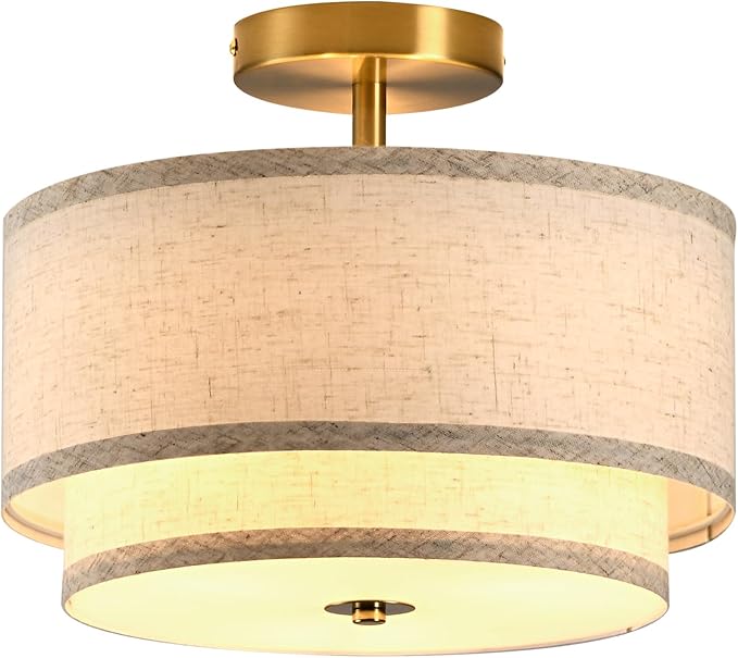 Semi Flush Mount Ceiling Light Fixture,12.6'' Gold Light Fixtures Ceiling Mount, Gold Drum lamp Close to Ceiling Light with 2-Layer Linen Shade, Ceiling Lights for Bedroom Hallway Living Room