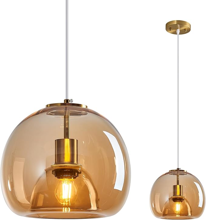 Amber Glass Pendant Lights Kitchen Island Gold Hanging Light Fixture Glass Globe Pendant Light Modern Pendant Lighting for Dining Room Bedroom Kitchen Island (9.84", 1 Pack)