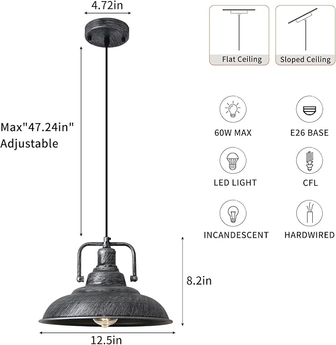 Black and Silver Pendant Light 12.5 inches 3 Packs, Farmhouse Pendant Light, Industrial Pendant Light, Kitchen Pendant Lights, Pendant Lights Kithen Island for Bedroom; Living Room; Kitchen