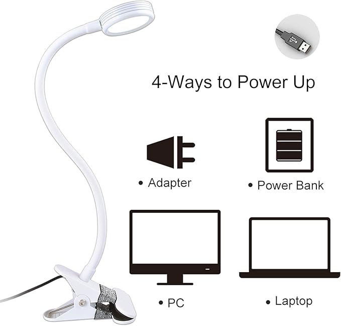 LEPOWER Clip on Light/Reading Lights/Book Light Color Changeable/Night Lights Clip on for Desk, Bed Headboard and Computers, Adapter Included (White)