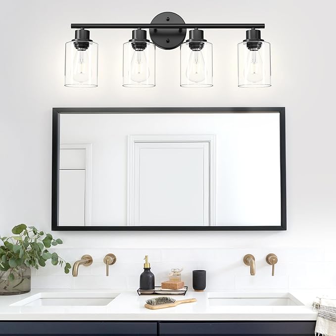 4-Light Black Bathroom Light Fixtures, E26 Modern Vanity Lights for Bathroom with Clear Glass Shade, Wall Lamps for Mirror Hallway Kitchen Cabinet Living Room Sconces Lights
