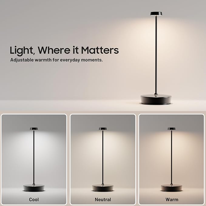 Cordless LED Table Lamp，Rechargeable Battery Desk Lamps, 3 Color Stepless Dimmable Metal Battery Table Lamps, Portable Table Light for Indoor/Outdoor/Restaurants/Bedroom/Bar