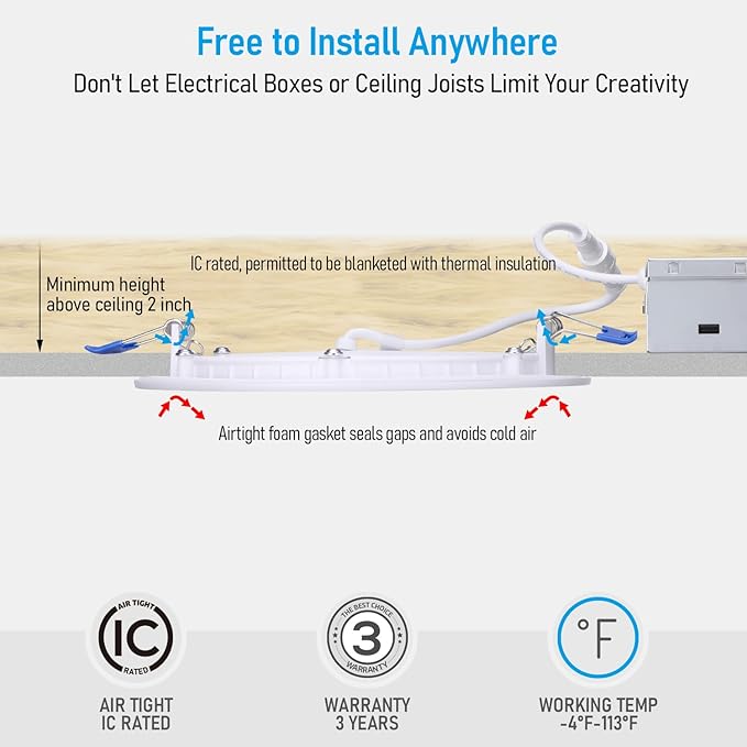 TORCHSTAR Basic Series 12-Pack 5CCT 6 Inch Ultra-Thin LED Recessed Lighting with J Box, CRI90, Aluminum, 2700K3000K3500K4000K5000K, 5%-100% Dimmable Slim Recessed Downlight, 12W 1100LM, ETL&FCC&ES