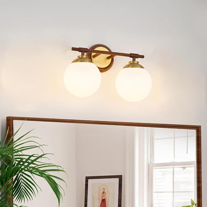 Rayogale Walnut Bathroom Light Fixtures, ETL 2 Lights Vanity Lights Over Mirror with Milk Glass Soft Lighting 15 Inch Bathroom Sconces(Exclude E26 Bulb)
