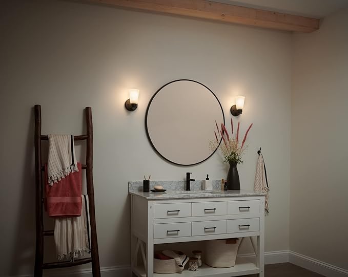 Kichler Stamos Wall Sconce 1-Light with Satin Etched Glass, Modern Bathroom or Hallway Light in Black, (8" H x 5" W x 6" D)