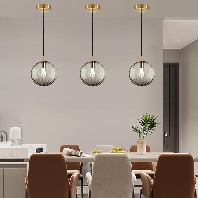 Modern Smoke Grey Glass Pendant Light, Kitchen Island Lighting 3-Pack Globe Pendant Light Fixtures Century Kitchen Island Pendant Lighting for Bedroom Living Dining Room Light Fixture (Without Bulb)