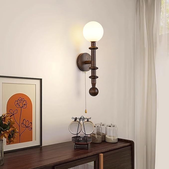Wood Wall Sconce,Industrial Globe Wall Sconce,Modern Bedroom Vanity Wall Light fixtures with White Globe Glass Lampshade for Living Room、dinging Room