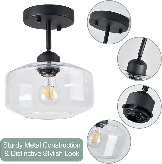 TeHenoo Matte Black Semi Flush Mount Light with Clear Glass Shade, Adjustable for Sloped Ceilings for Kitchen,Hallway,Living Room