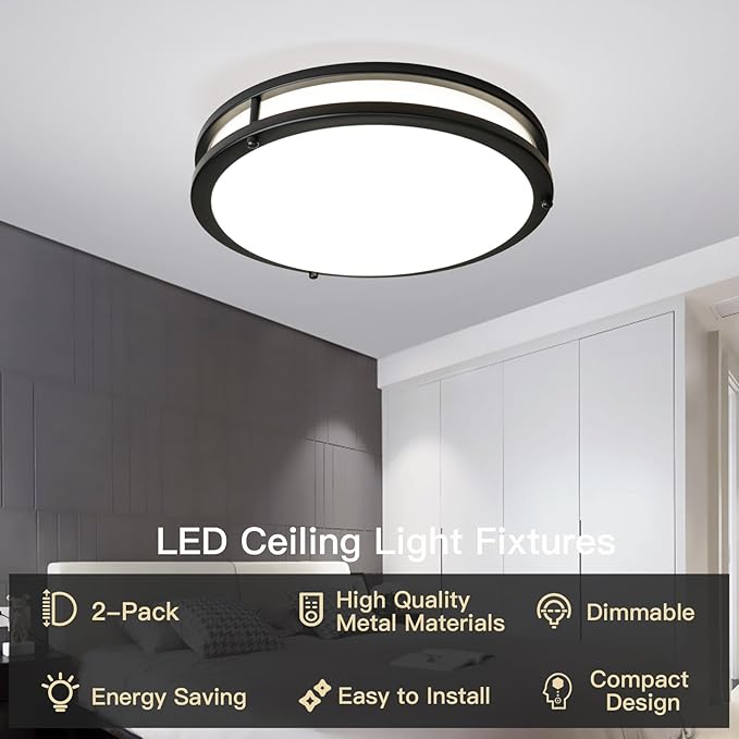 16Inch LED Ceiling Light Fixtures 2 Pack, 48W Flush Mount Ceiling Light, 4800LM Super Bright Ceiling Mount Light, Dimmable Black Ceiling Light 5CCT Ceiling Lamp for Hallway Kitchen Bedroom