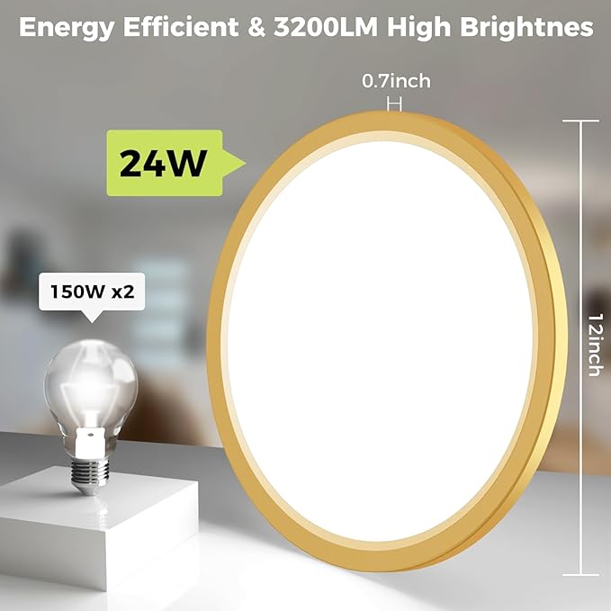 hepside LED Flush Mount Ceiling Light Fixture Golden, 12Inch 24W, Dimmable&3000K-6500K Adjustable Low Profile Ceiling Lights, 3200LM Modern Lamp for Kitchen, Bedroom, Porch, Hallway, White