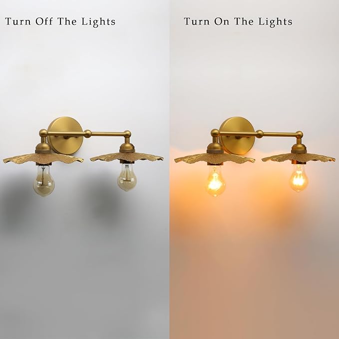 Phansthy Hardwired Wall Lighting, Barn Wall Sconces Antique Brass Indoor Wall Lights with Hammered Metal Lotus Leaf Texture Shade, Vanity Wall Lamp for Bathroom Bedroom Kitchen (Two-Light 1 Pack)